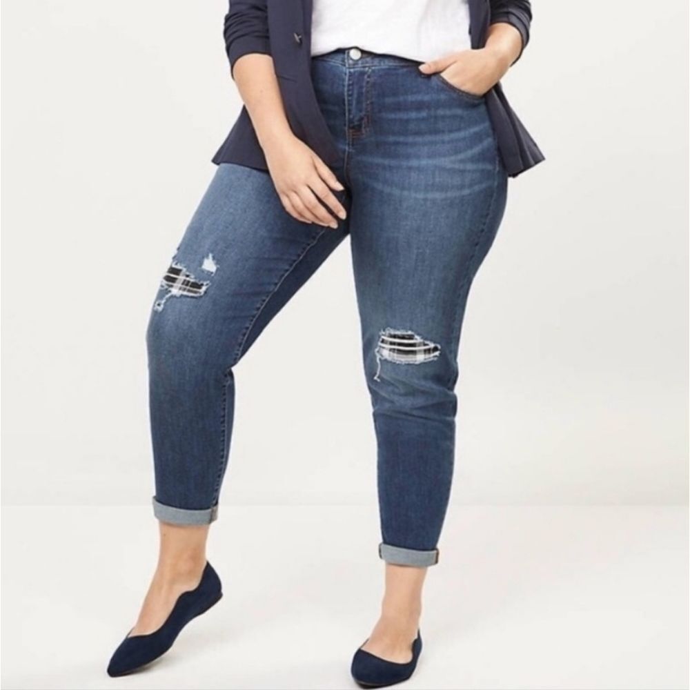 LANE Bryant Flex Magic Boyfriend Jean - Plaid Backed Destruction